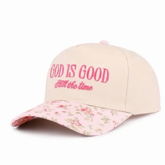 Nwt Floral Pink and Cream God Is Good All The Time Hat - Picture 2 of 3